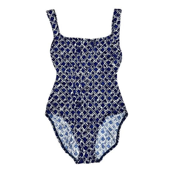 Vintage 90s Baja Blue One PIece Swimsuit Sz 10 Geometric Print High Cut Leg - Picture 1 of 8